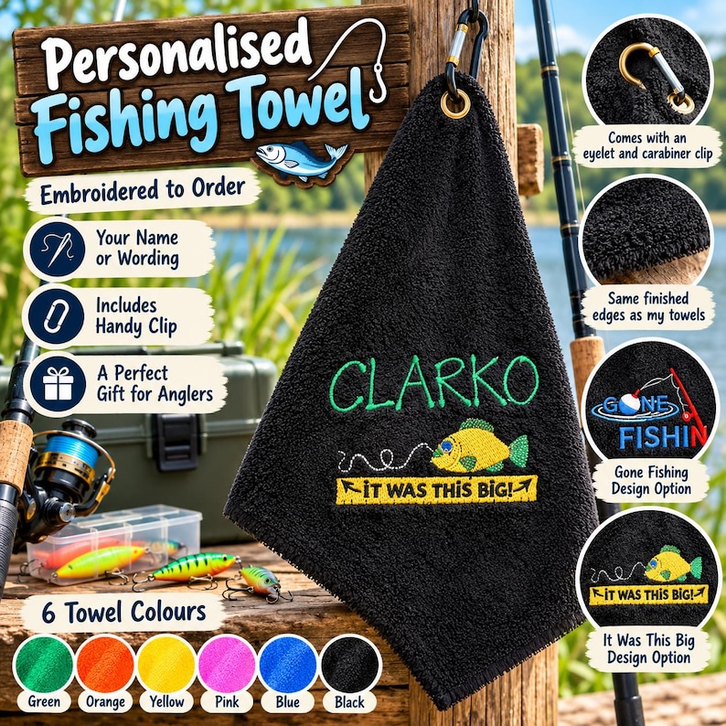 May include: A black embroidered fishing towel featuring the name Clarko in green thread above a yellow fish graphic and the text It was this big. The towel includes a gold-toned metal eyelet and a silver carabiner clip for attachment.