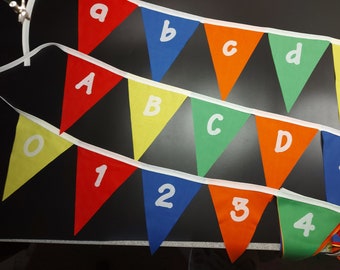 Alphabet & Number Handmade fabric bunting primary colours Upper and Lower case letters and Numbers nursery, classroom, educational, learning