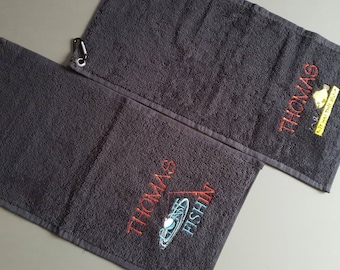Personalised fishing towel 2 designs & 8 colours to choose from great present Fathers day Birthday Mothers day Christmas
