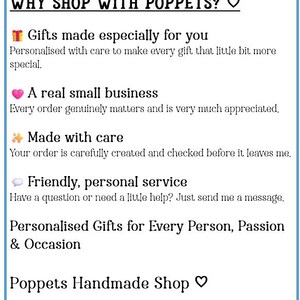 May include: A white informational graphic with black text titled WHY SHOP WITH POPPETS? featuring four bullet points with icons: a gift box for personalized gifts, a pink heart for small business, sparkles for care, and a speech bubble for service.