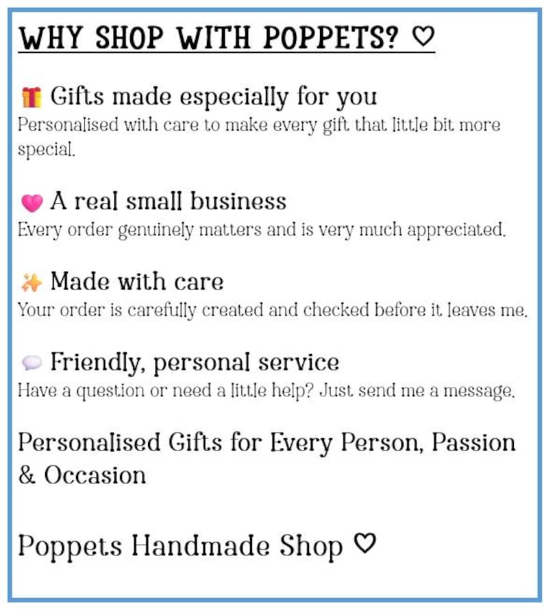 May include: A white informational graphic with black text titled WHY SHOP WITH POPPETS? featuring four bullet points with icons: a gift box for personalized gifts, a pink heart for small business, sparkles for care, and a speech bubble for service.