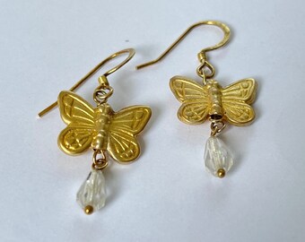 Earrings "Butterfly" silver gold plated with rock crystal drops