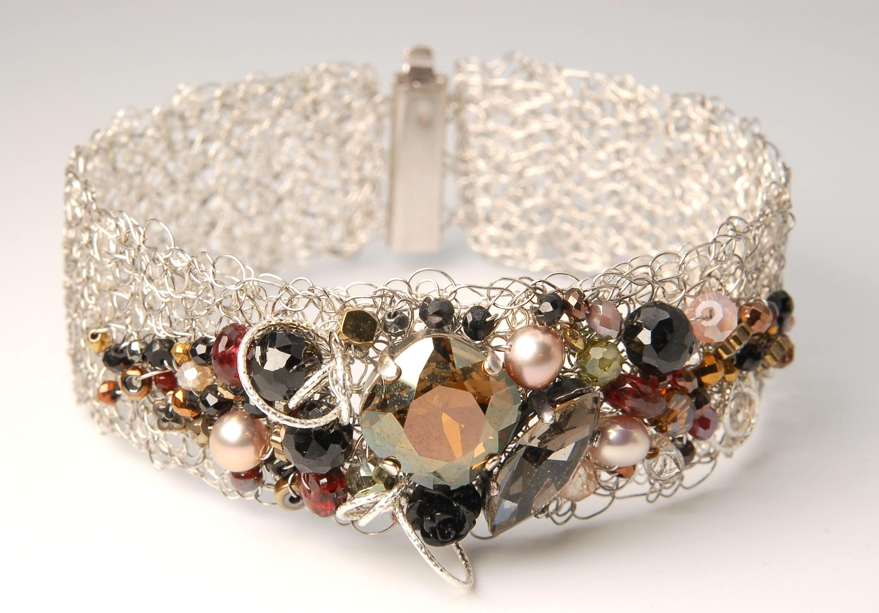 Handmade Crochet Bracelet with Swarovski Crystals, Gemstones & Freshwater Pearls - One of a Kind in Sterling Silver and Stainless Steel