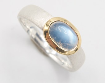 Moonstone Ring Silver Gold, Ring Size 53