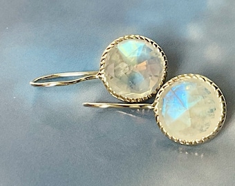 Moonstone earrings with round, faceted gemstones, sterling silver