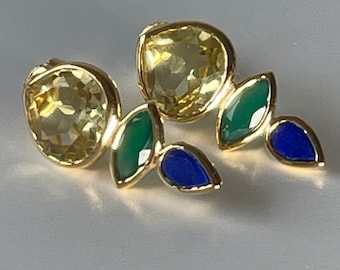 Stud earrings with three types of gemstones