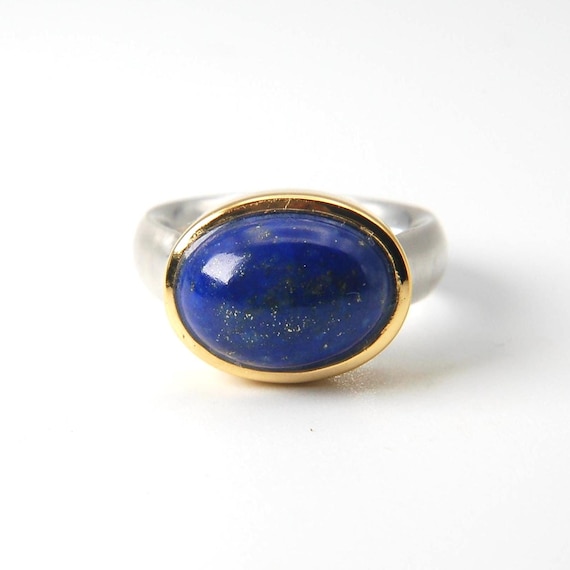 Lapis Lazuli Bicolor Ring, 18kt vergoldet & 925 Sterling Silber, maritimer Edelstein Schmuck