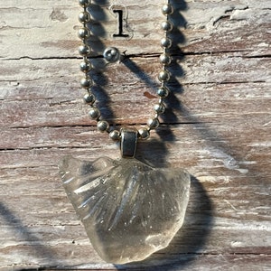 May include: A silver chain necklace with a clear glass pendant. The pendant is shaped like a seashell and has a textured surface.