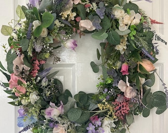 Artificial Wildflower Wreath, Eucalyptus & Lavender, 55cm