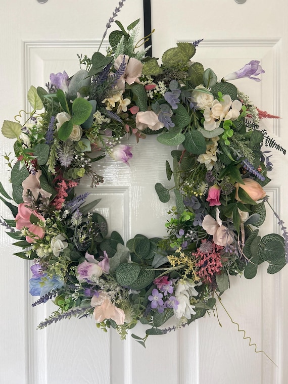 Artificial Wildflower Wreath, Eucalyptus & Lavender, 55cm
