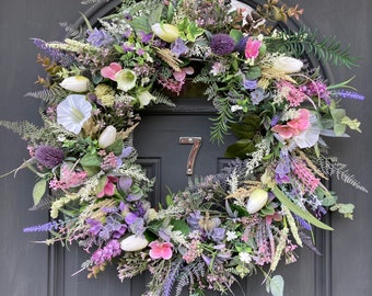 Artificial Wildflower Wreath, Eucalyptus & Lavender, 55cm