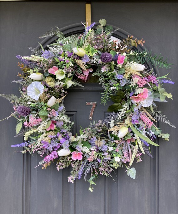 Artificial Wildflower Wreath, Eucalyptus & Lavender, 55cm