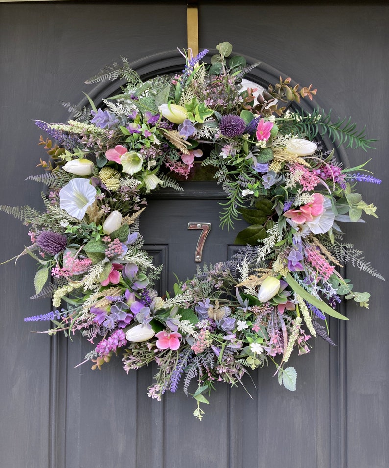 Artificial Wildflower Wreath, Eucalyptus & Lavender, 55cm image 1