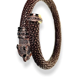 Rose Gold Bangle in Brown| Exotic Chocolate Leopard Stingray Leather Cuff Bracelet| 18K Gold Plated Silver, Unique Leather Gift, Handmade,