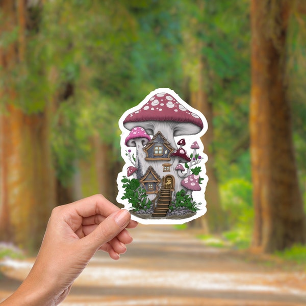 Enchanted forest magic mushroom fairy house sticker for witchy cottage core gifts