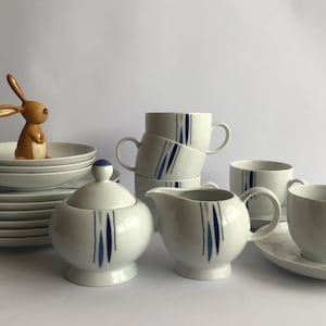 Seltmann coffee service, Bavaria porcelain, breakfast set, 6 pieces, finest white porcelain, blue decor