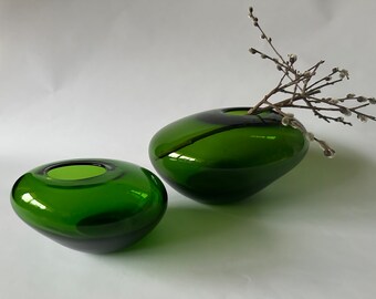 Vintage glass vase set, mid century design, pop art, eccentric opening, oval shape, 80s