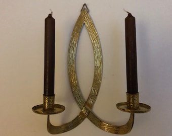 Brutalist vintage candlestick, mid century candlestick, brass, solid, 2 candles, wall candlestick, 70s