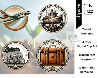Travel Clipart, Adventure Symbols, Emblems, Logos, Suitcase, Boat, Train, Airplane, Suitcase, World Traveler, Journal, Vacation PNG Bundle