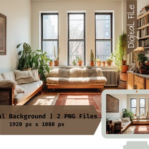 May include: A virtual background image featuring a living room with two sofas, a rug, and a bookcase. The room has large windows with a view of a city. The image is 1920 pixels wide by 1080 pixels tall.