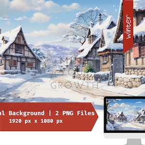 May include: A digital illustration of a snowy village with a cobbled road and snow-covered houses. The sky is blue with white clouds and there is snow falling. The text "winter" is written in red on a white banner.