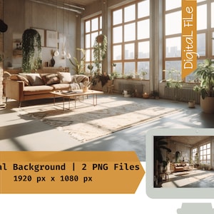 May include: A virtual background image showing a modern living room with a brown leather sofa, a coffee table, and large windows. The room is decorated with plants and has a warm, natural light.