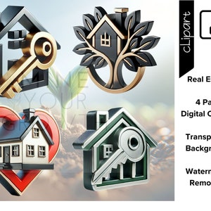 Professionnels de l'immobilier, lot de 4 logos argent, or, clé, agence immobilière, propriétaire d'une nouvelle maison, maison, gestion immobilière, ensemble de cliparts PNG