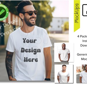 モックアップ バンドル、男性のライフスタイル写真、一般的な白い T シャツのモックアップ、AI 写真、ユニーク、デジタル製品モック、PNG、インスタント デジタル ダウンロード