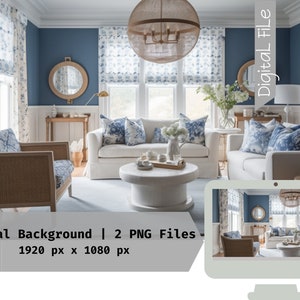May include: A living room interior design virtual background with a blue wall, white couches, and a round coffee table. The room features a large window with white curtains and a round mirror on the wall. The image is labeled "Virtual Background | 2 PNG Files 1920 px x 1080 px".