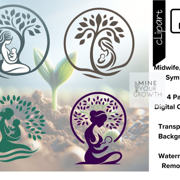 Midwife, Doula, Motherhood Symbols Emblems, Logos, Childbirth, Pregnancy, Birthing Tree of Life, Maternity Prenatal Care Clip Art PNG Bundle