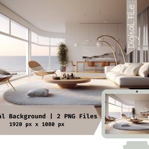 May include: A virtual background image featuring a living room with large windows overlooking the ocean. The room is decorated in a modern style with a white sofa, a round coffee table, and a rug. The image is 1920 pixels wide by 1080 pixels tall.