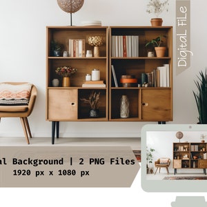 May include: A virtual background featuring a wooden bookshelf with shelves filled with books, plants, and decorative items. The bookshelf is in a room with a white wall and a brown chair. The image is 1920 pixels wide by 1080 pixels tall.