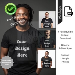 モックアップ バンドル、男性のライフスタイル写真、デジタル製品モックアップ、一般的な黒の T シャツ モックアップ、AI 写真、PNG、インスタント デジタル ダウンロード