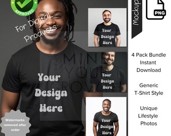 May include: Four mockups of a black t-shirt with the text "Your Design Here" on the front. The mockups feature different models wearing the shirt in various poses. The text "4 Pack Bundle Instant Download Generic T-Shirt Style Unique Lifestyle Photos" is also visible in the image.