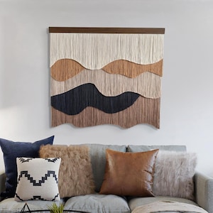 Mid-Century Modern Large Waved Macrame Wall Hanging | Yarn Art | Fiber Art | Textile Art | Boho Wall Tapestry Hanging | Over Bed Wall Decor