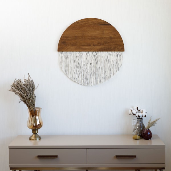 Half Moon Yarn Wall Hanging: Boho Fiber Art on Walnut Wood