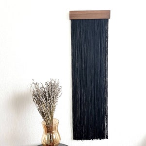 Black Fiber Art Wall Hanging: Boho Yarn Tapestry with Wood