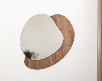 Mid Century Modern Walnut Wall Mirror | Organic Shape Large Mirror | Irregular Mirror Wall Decor | Wood Frame Mirror | Asymmetrical Mirror