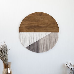 Large Macrame Fiber Art Wall Hanging: Boho Earth Tones, Wood Tapestry
