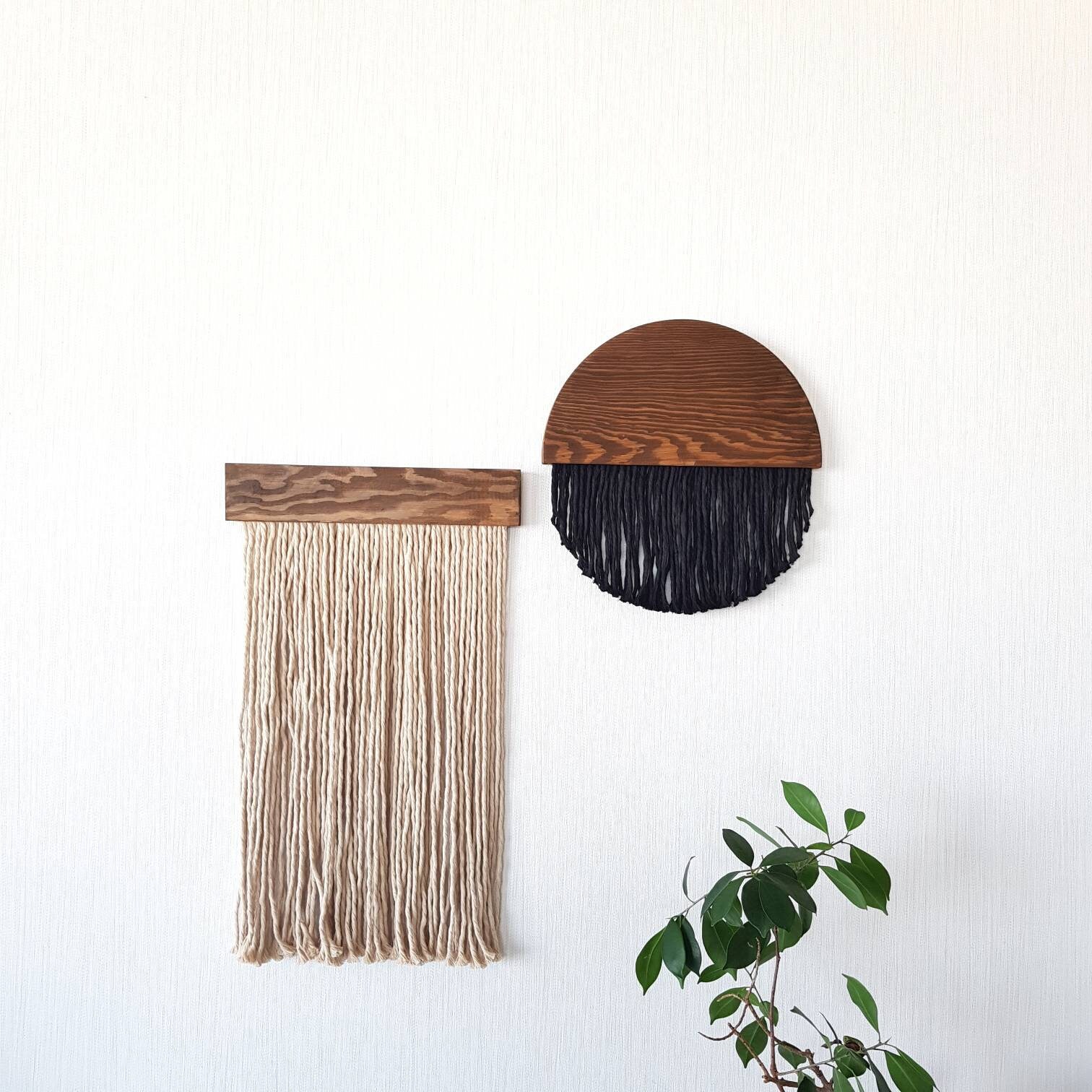 Wooden Round Fiber Art Black Fiber Wall Art Boho Wall Etsy