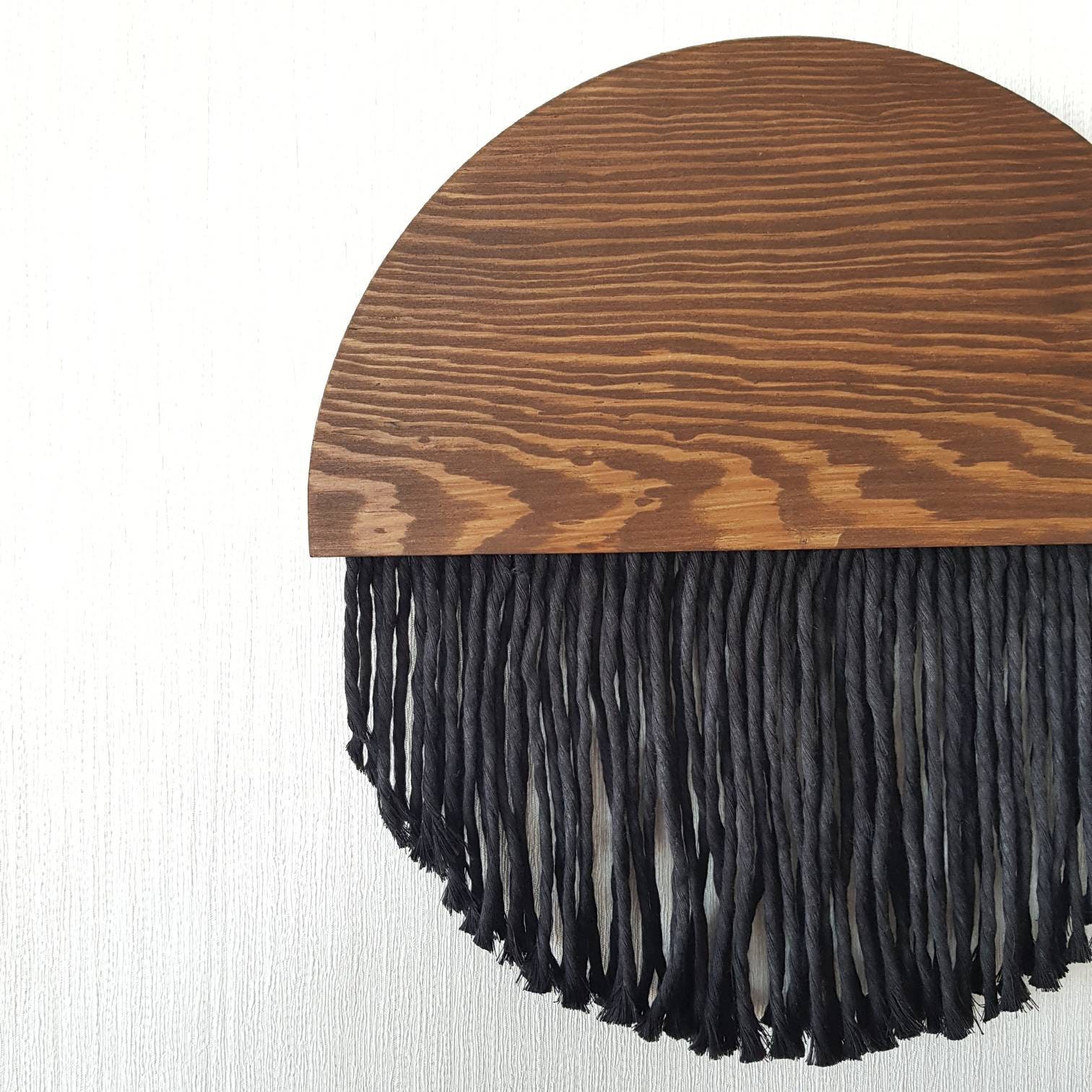 Wooden Round Fiber Art Black Fiber Wall Art Boho Wall Etsy