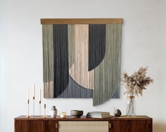 Large Sage Green Macrame Wall Hanging: Mid-Century Modern Fiber Art Wall Decor