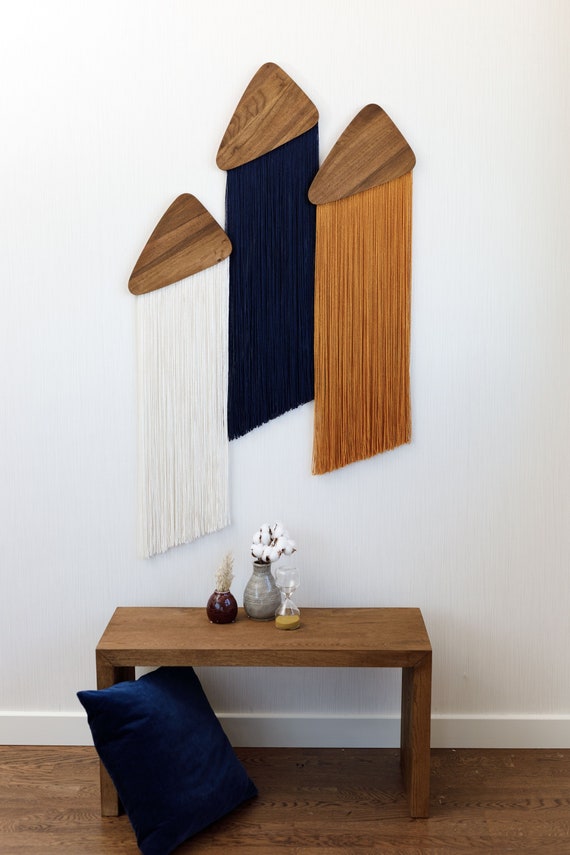 Navy Blue & Mustard Yellow Fiber Wall Art: Mid Century Modern Macrame