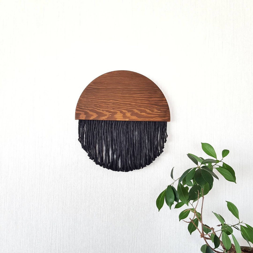 Wooden Round Fiber Art Black Fiber Wall Art Boho Woven Wall Hanging