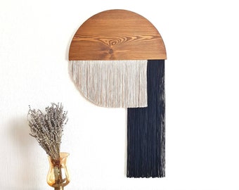 Mid Century Half-Circle Wood and Fiber Wall Art: Modern Macrame Wall Hanging