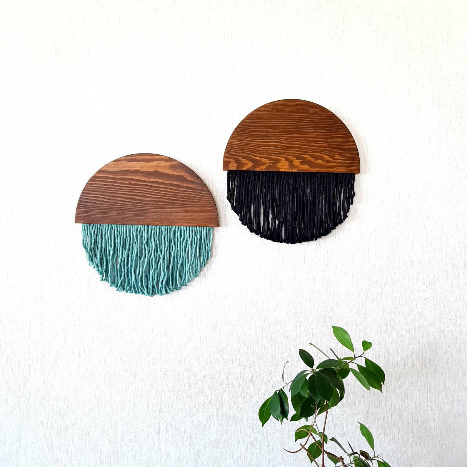 Wooden Round Fiber Art Black Fiber Wall Art Boho Wall Etsy