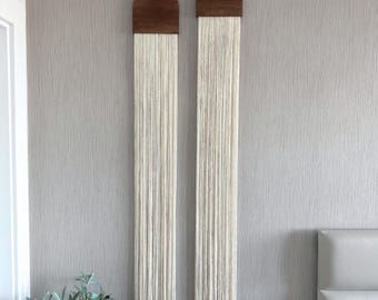 Macrame Fiber Art: Long Vertical Wall Hanging, Ivory with Solid Wood Arch