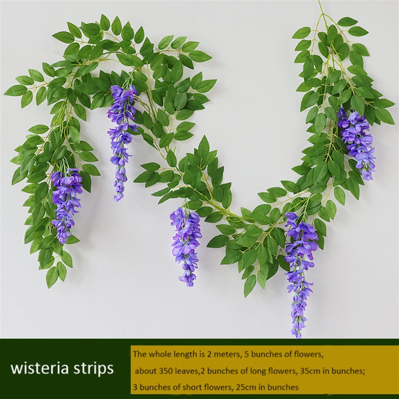 May include: Artificial wisteria strips with green leaves and purple flowers. The whole length is 2 meters, with 5 bunches of flowers, about 350 leaves, 2 bunches of long flowers (35cm in bunches), and 3 bunches of short flowers (25cm in bunches).