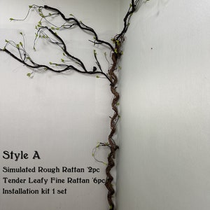 May include: Style A vine wall decor with brown branches and green leaves. Simulated Rough Rattan 2pc, Tender Leafy Fine Rattan 6pc, Installation kit 1 set.
