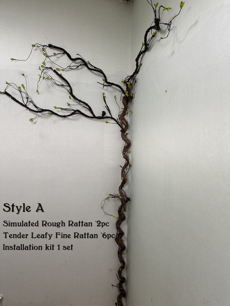 May include: Style A vine wall decor with brown branches and green leaves. Simulated Rough Rattan 2pc, Tender Leafy Fine Rattan 6pc, Installation kit 1 set.